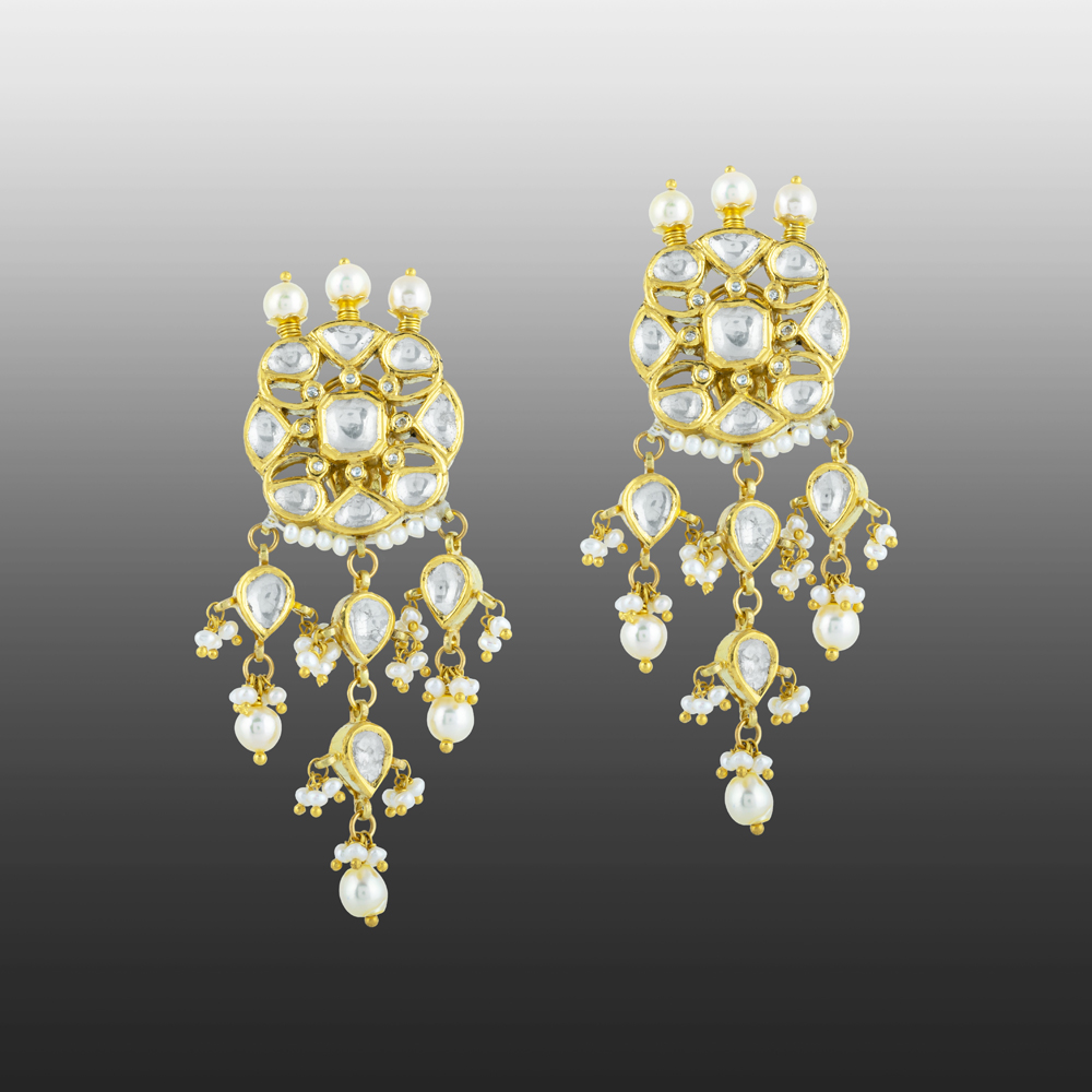Intricate Gold Polki Earring with Cascading Pearl